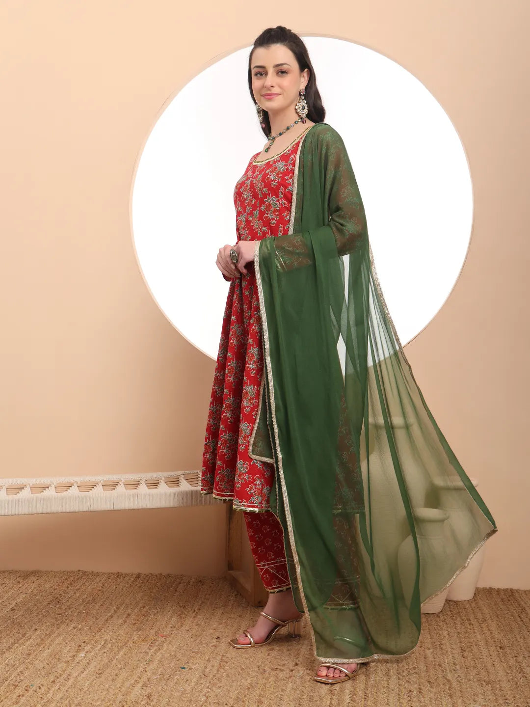 Yufta Red Cotton Long Sleeve Anarkali Kurta Dupatta Set