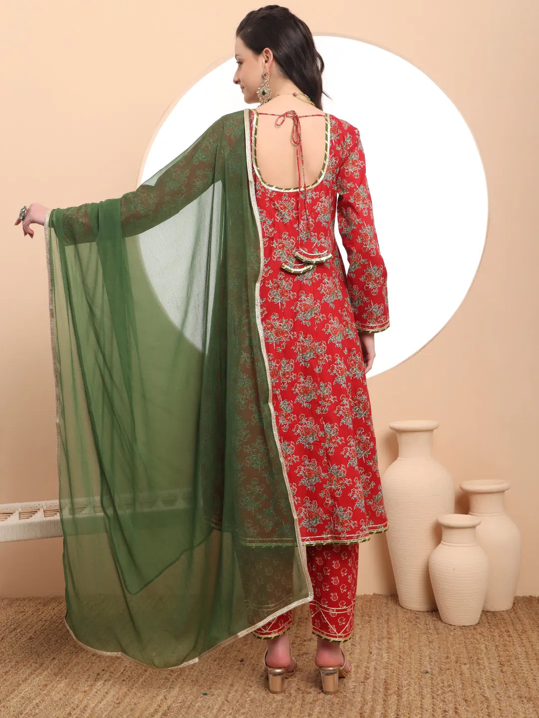Yufta Red Cotton Long Sleeve Anarkali Kurta Dupatta Set