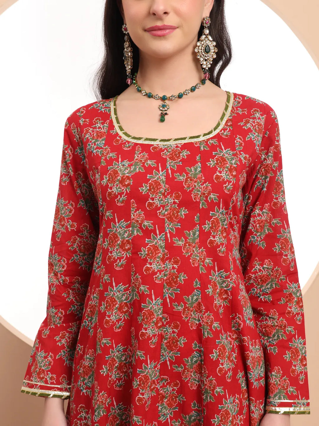 Yufta Red Cotton Long Sleeve Anarkali Kurta Dupatta Set