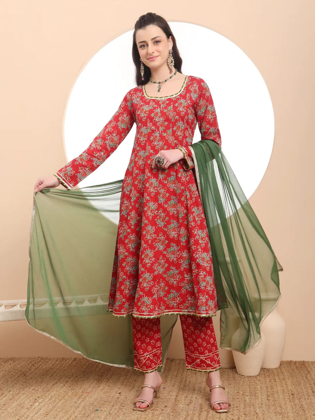 Yufta Red Cotton Long Sleeve Anarkali Kurta Dupatta Set