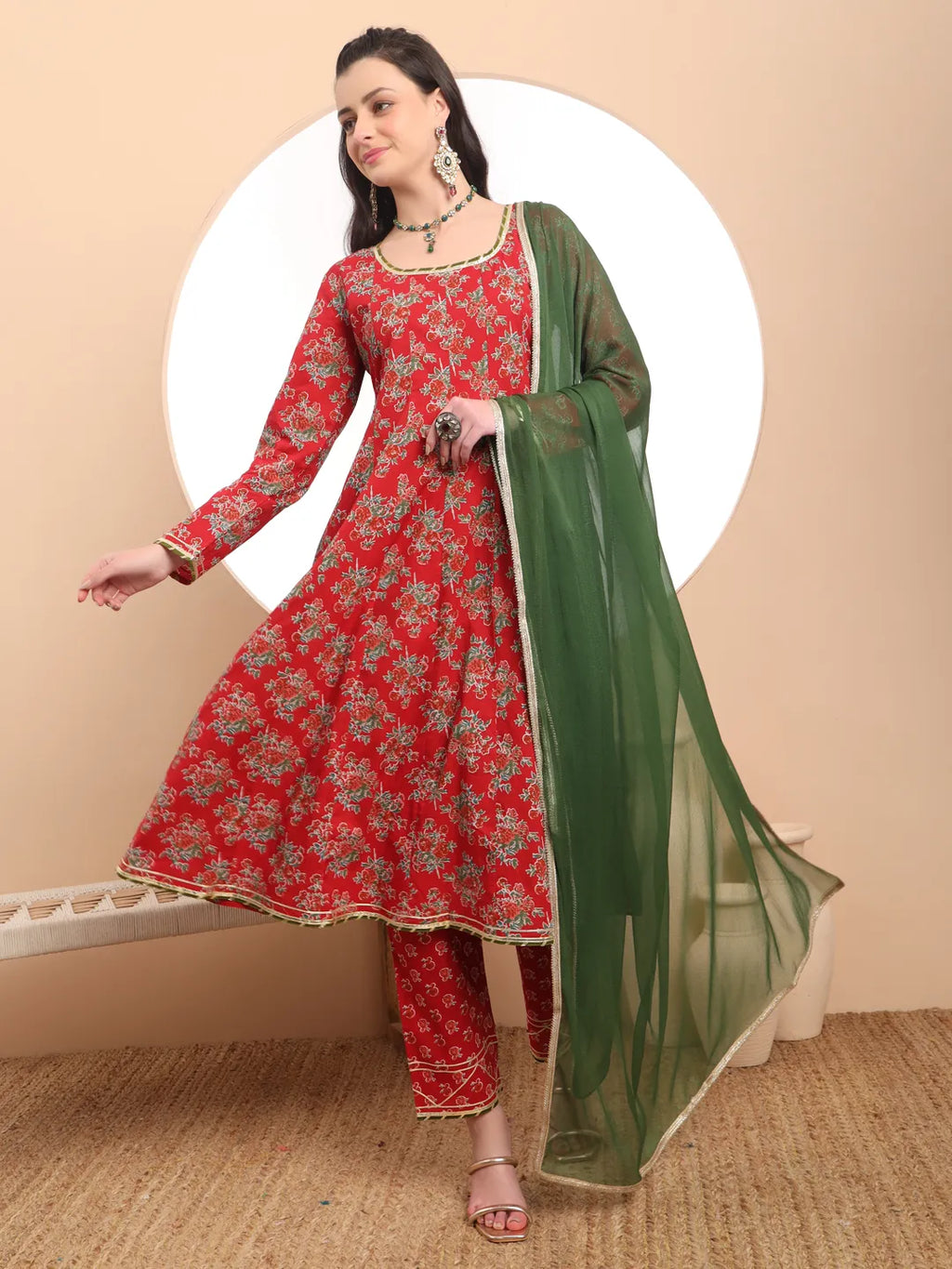 Yufta Red Cotton Long Sleeve Anarkali Kurta Dupatta Set