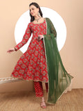 Yufta Red Cotton Long Sleeve Anarkali Kurta Dupatta Set