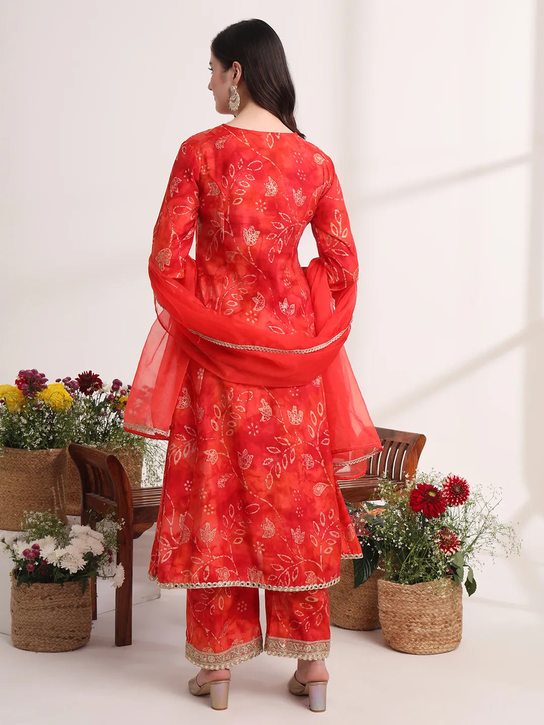 Yufta Red Ethnic Motifs Lace Work Anarkali Kurta And Trouser With Dupatta Set