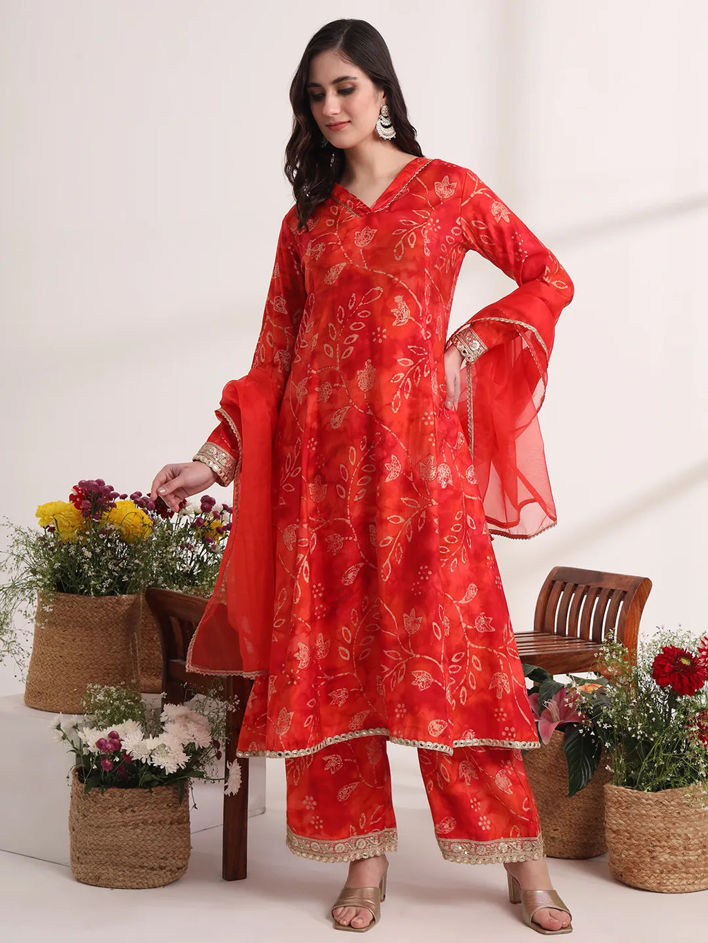 Yufta Red Ethnic Motifs Lace Work Anarkali Kurta And Trouser With Dupatta Set