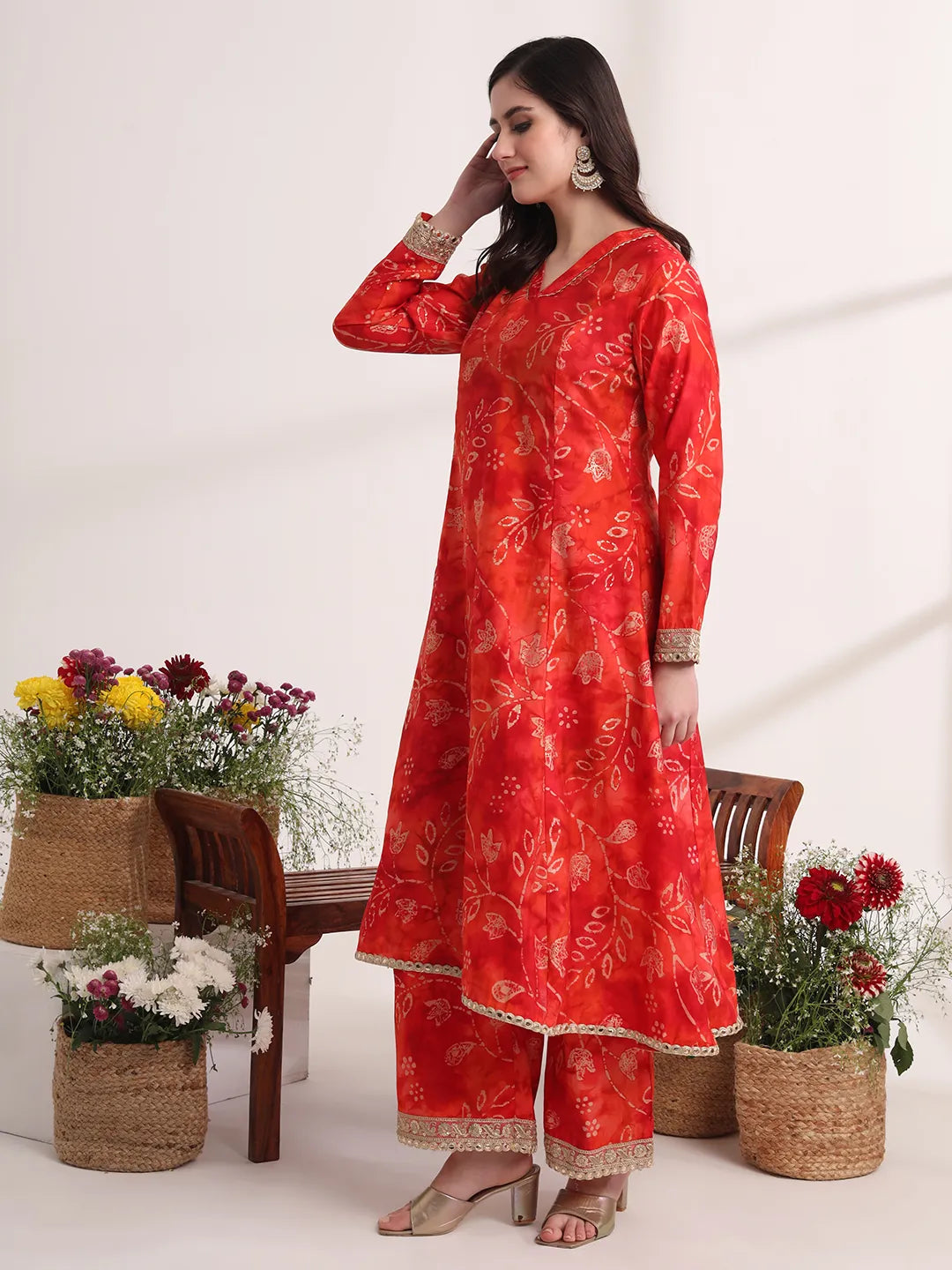 Yufta Red Ethnic Motifs Lace Work Anarkali Kurta And Trouser With Dupatta Set