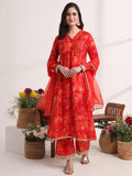 Yufta Red Ethnic Motifs Lace Work Anarkali Kurta And Trouser With Dupatta Set