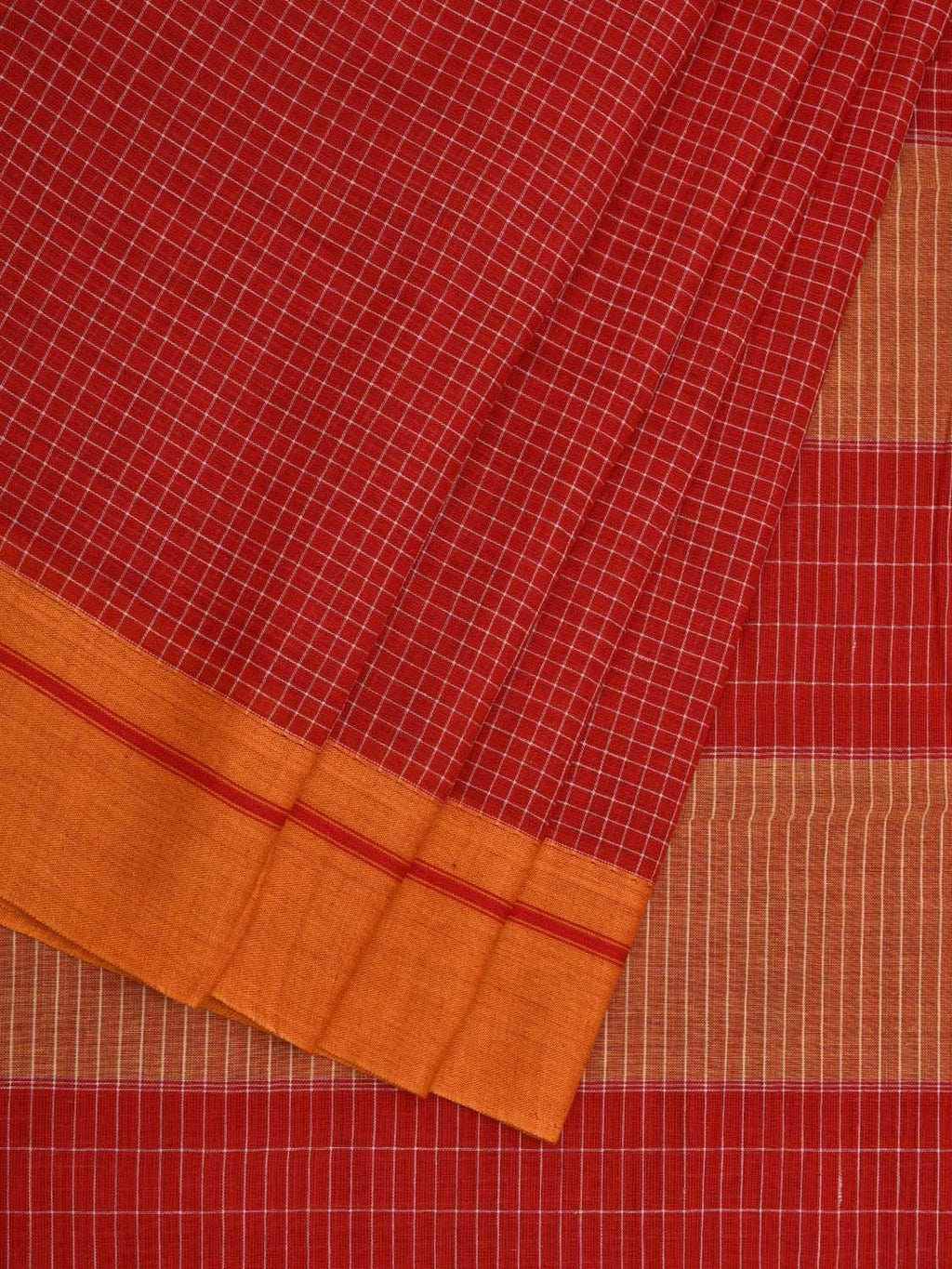 Red ilkal Cotton Handloom Saree with Checks Design No Blouse - Global Threads