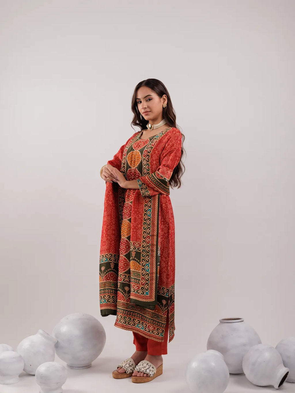 Yufta Red Pure Shimmer Tissue With Pure Viscose Trouser And Shimmer Dupatta