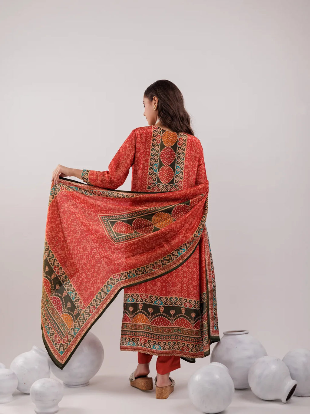 Yufta Red Pure Shimmer Tissue With Pure Viscose Trouser And Shimmer Dupatta