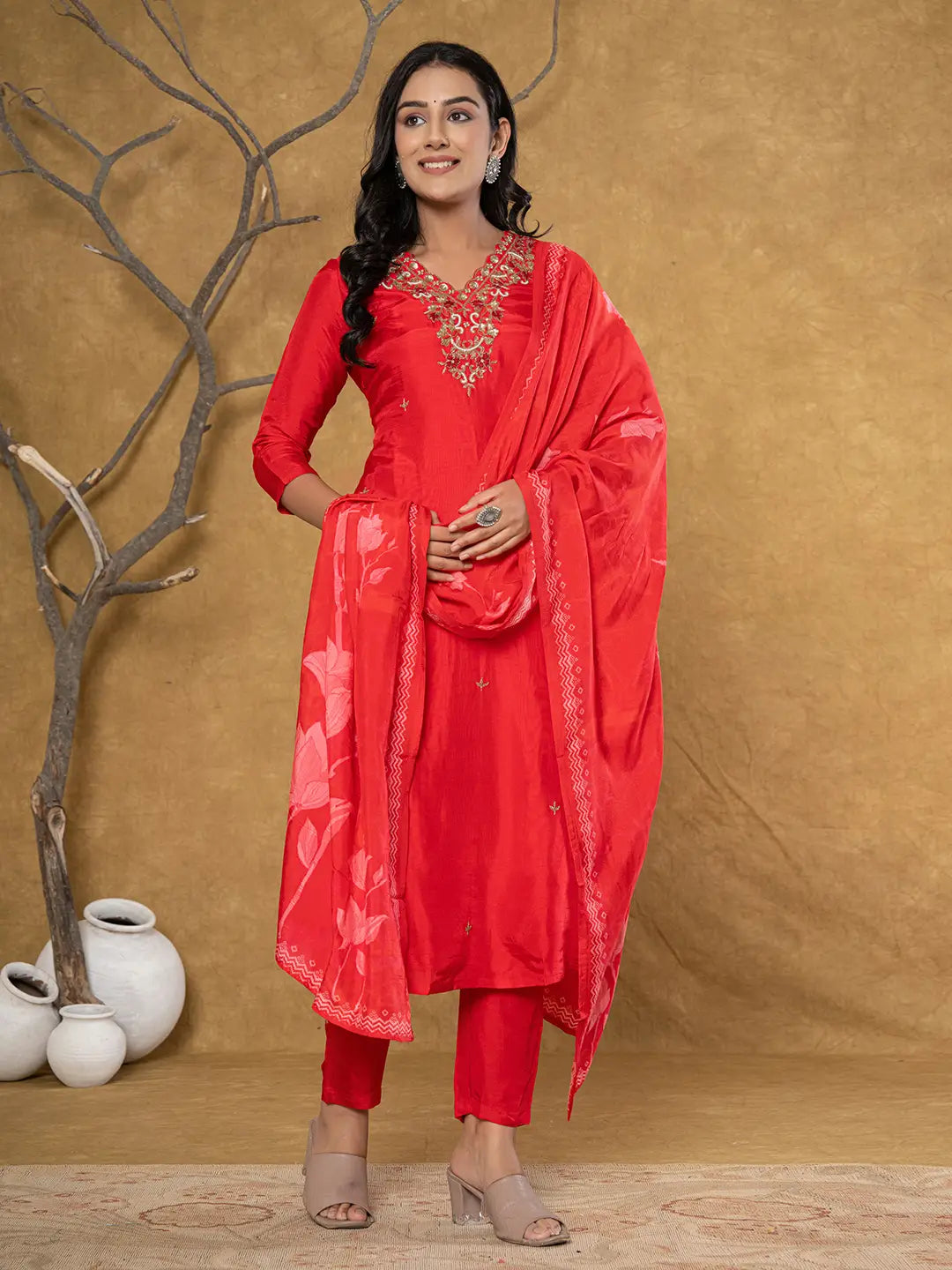 Yufta Red Pure Uppada Silk Handwork Kurta Dupatta Set