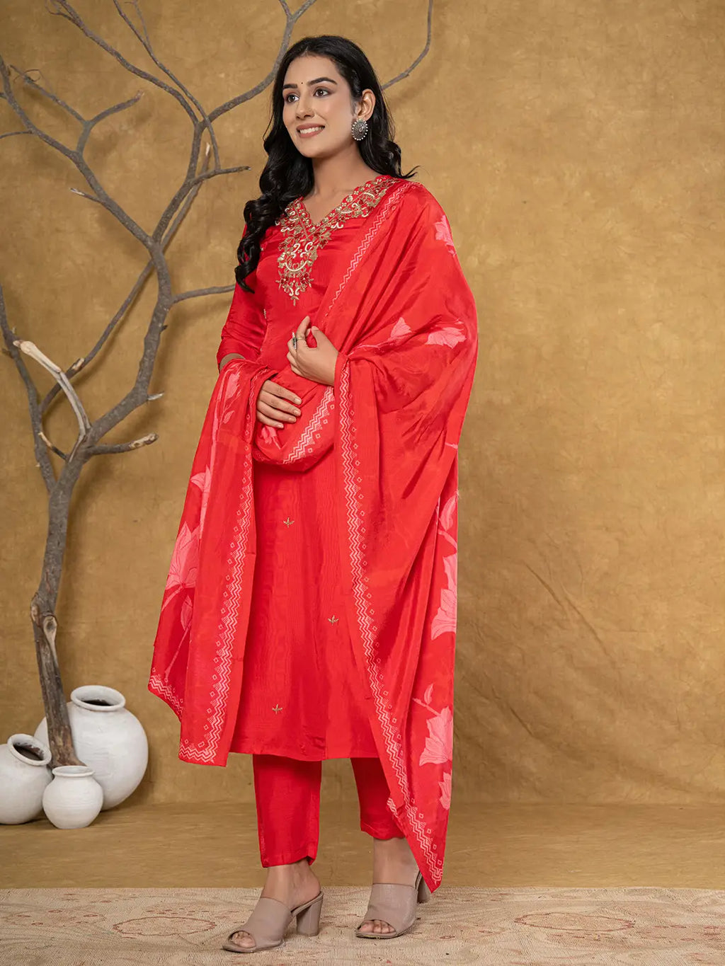 Yufta Red Pure Uppada Silk Handwork Kurta Dupatta Set
