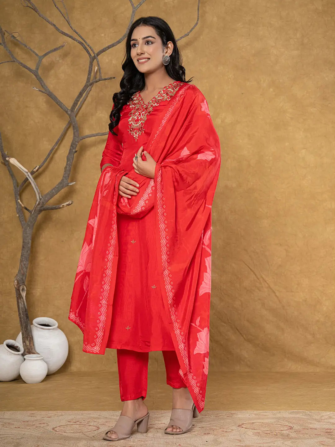 Yufta Red Pure Uppada Silk Handwork Kurta Dupatta Set