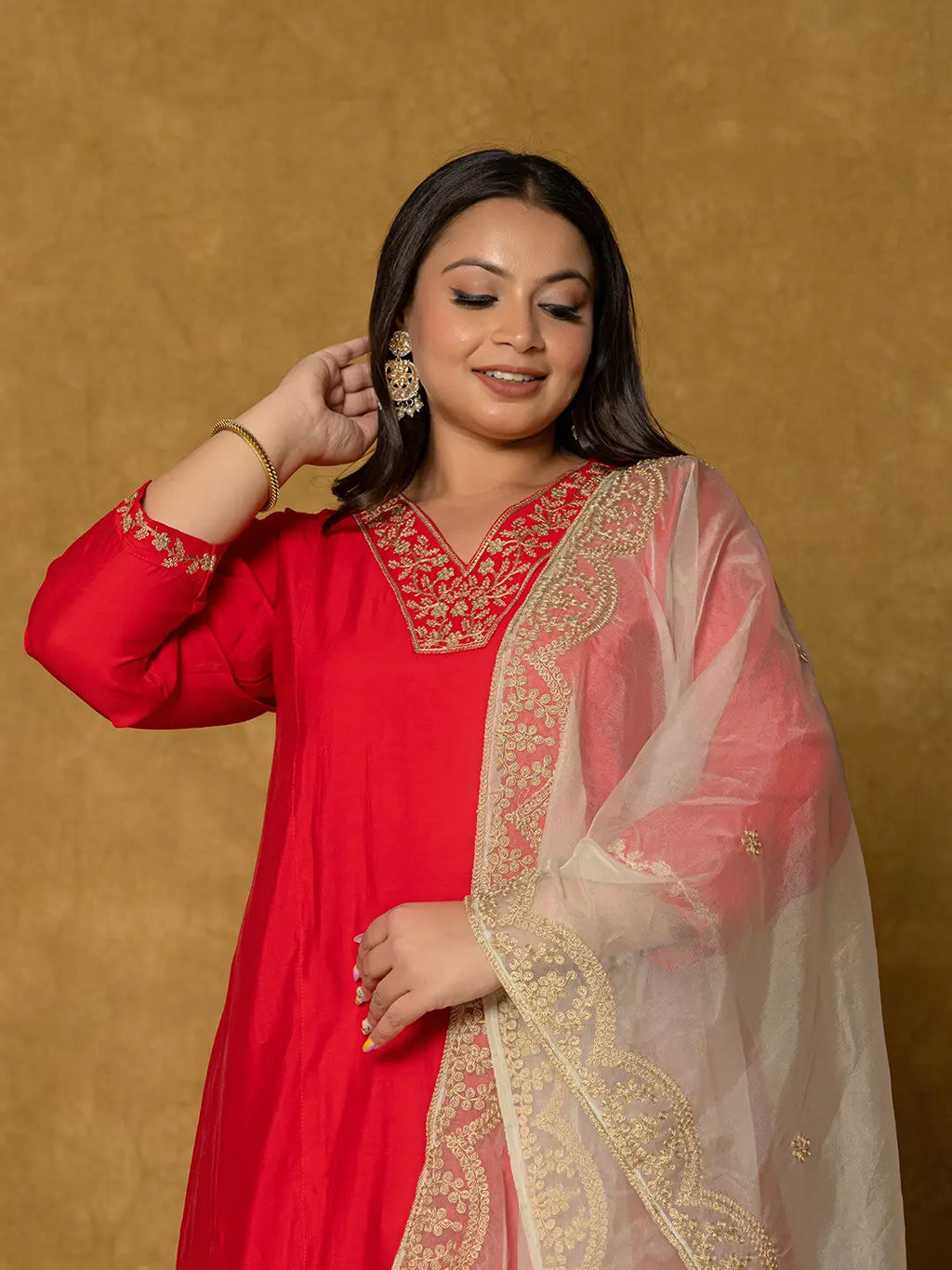 Yufta Red Silk Embroidered Plus Size Kurta Dupatta Set