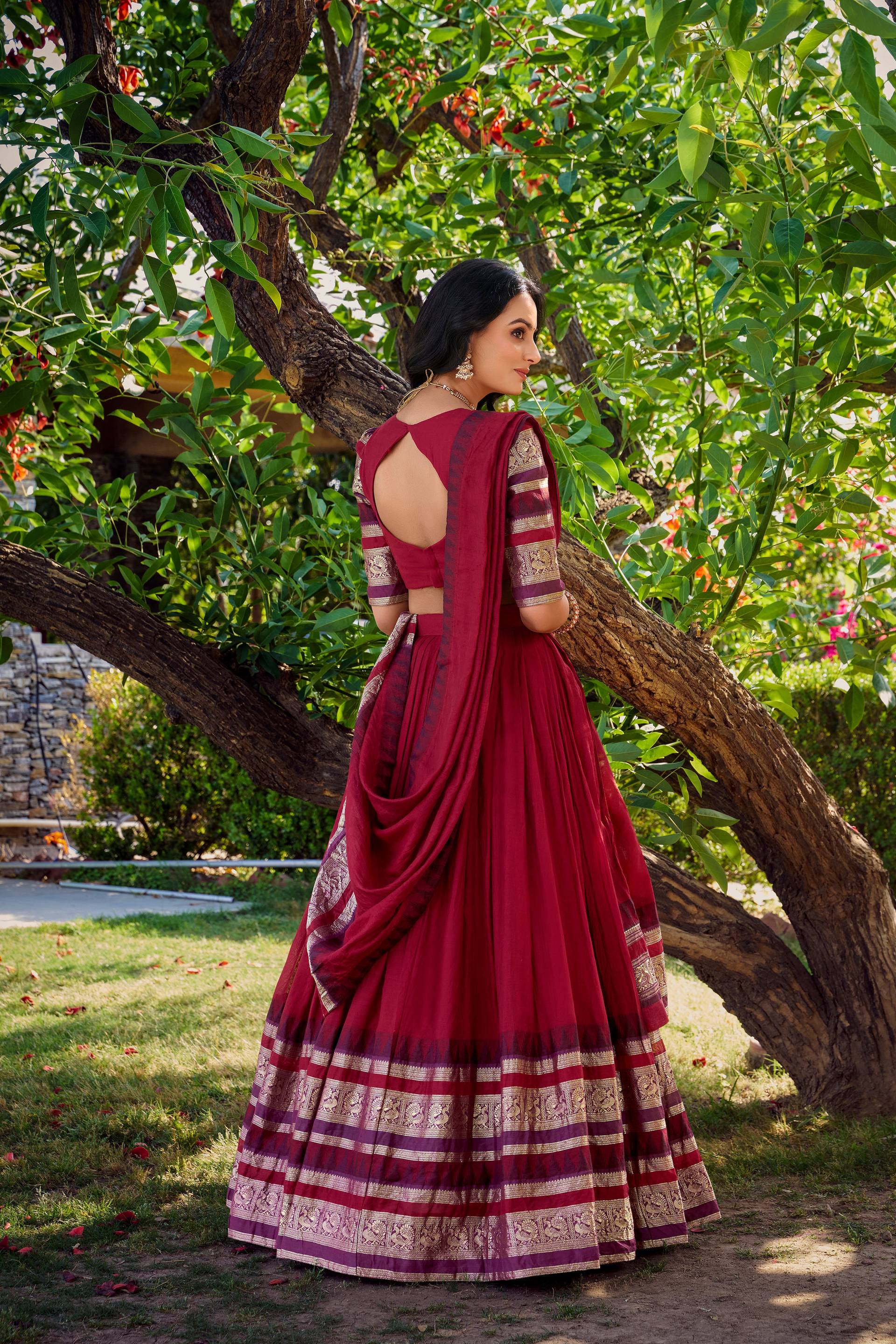 Evanik Women Pure Chanderi Plain With Zari Weaving Work Border Stitched Lehenga With Unstitched Blouse Dupatta(Up to 42)