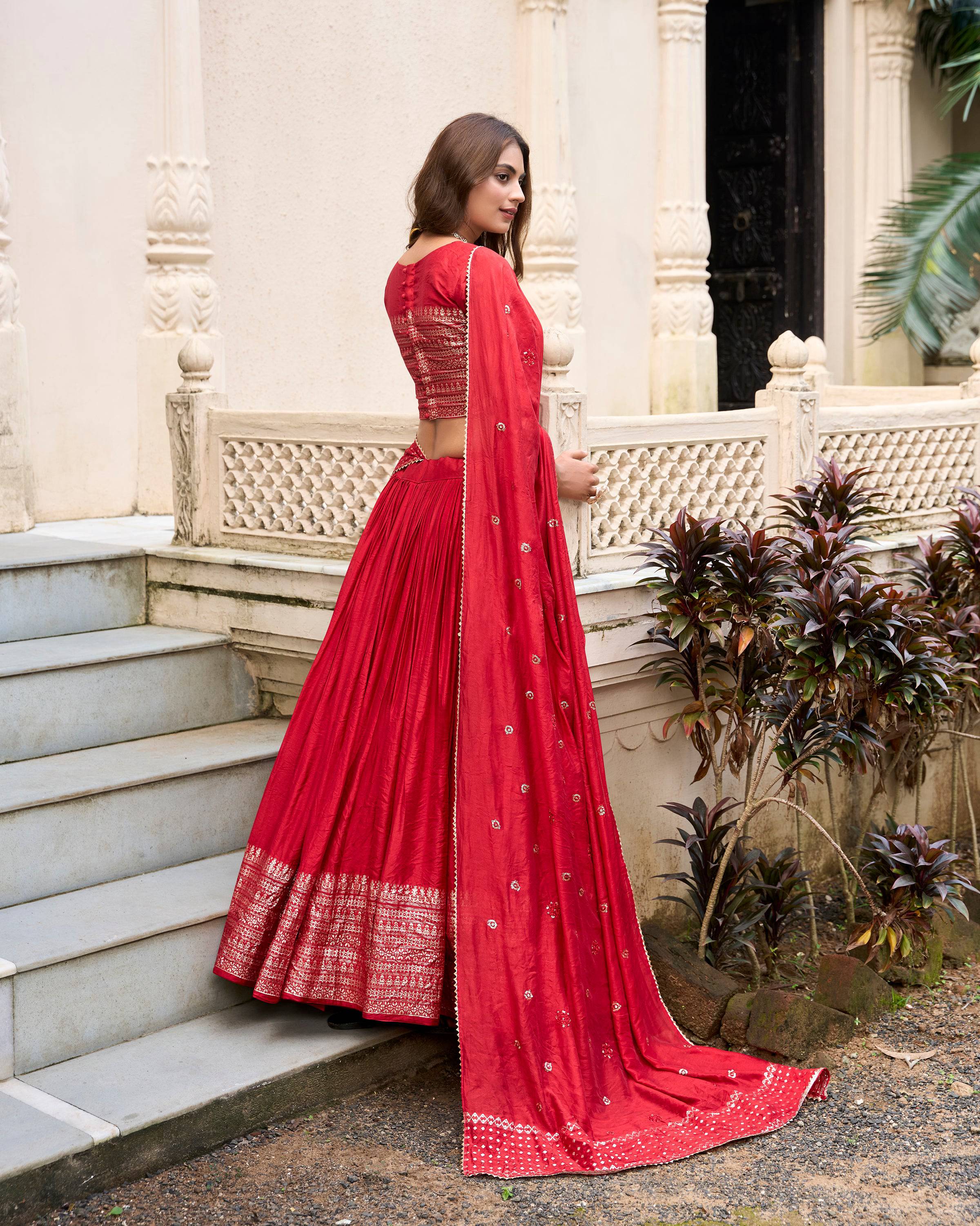 Evanik Women Pure Chanderi Plain With Zari Weaving Work Border Stitched Lehenga With Unstitched Blouse Dupatta(Up to 42)