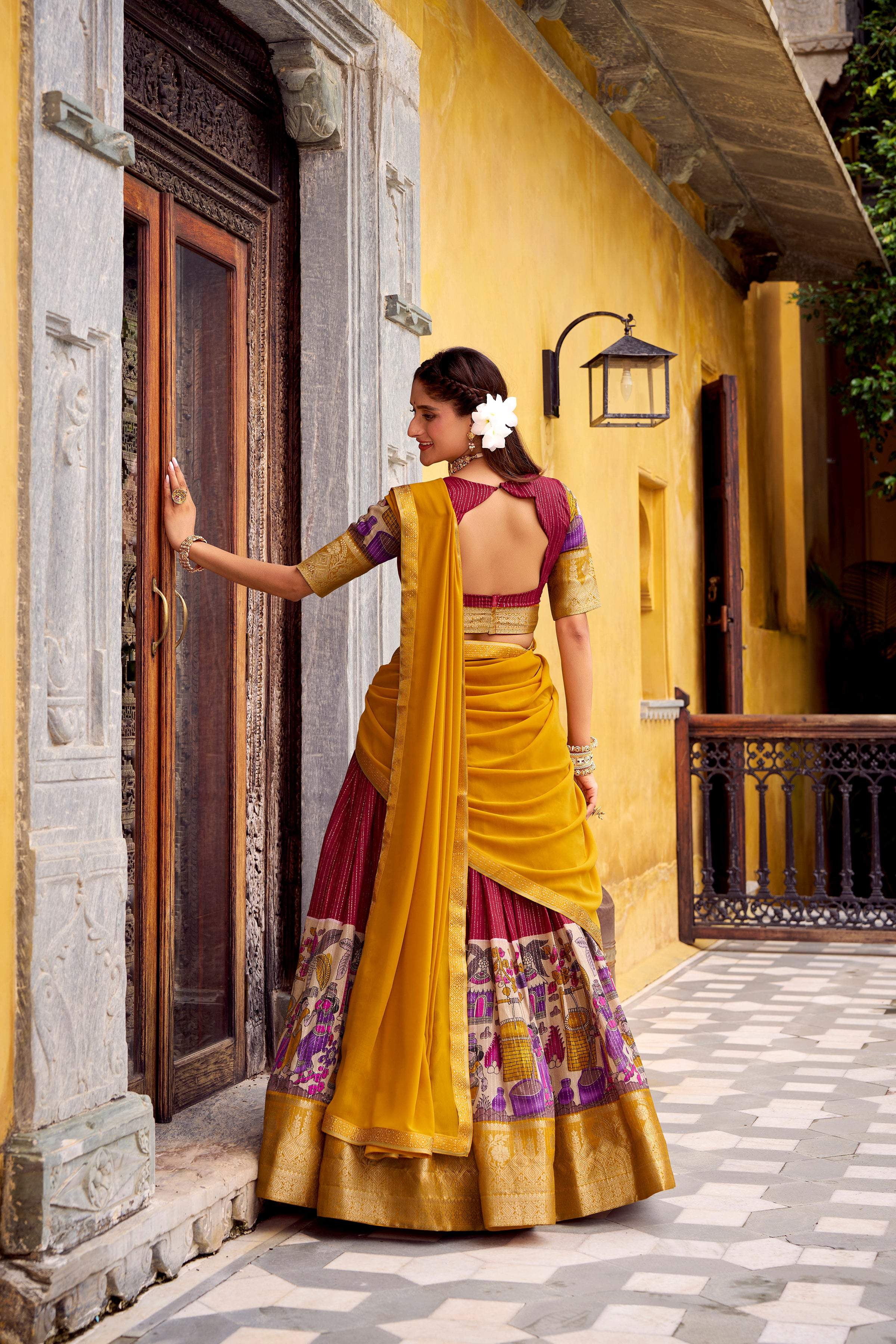 Evanik Red South Style Kalamkari Print Design Zari Work Unstitched Lehenga Choli