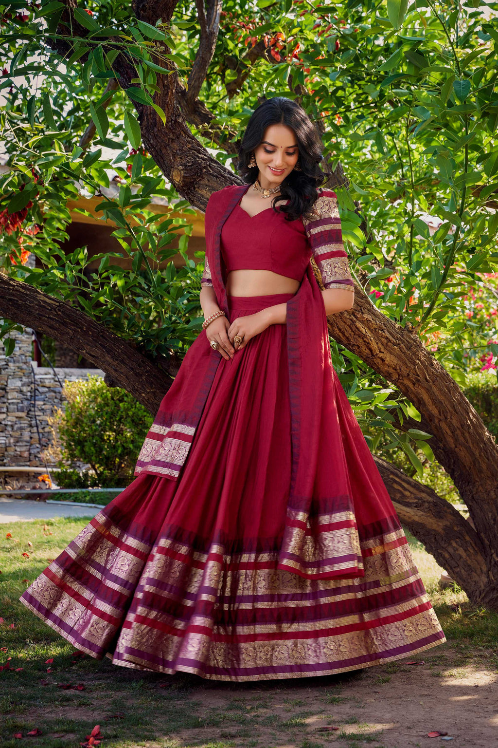 Evanik Women Pure Chanderi Plain With Zari Weaving Work Border Stitched Lehenga With Unstitched Blouse Dupatta(Up to 42)