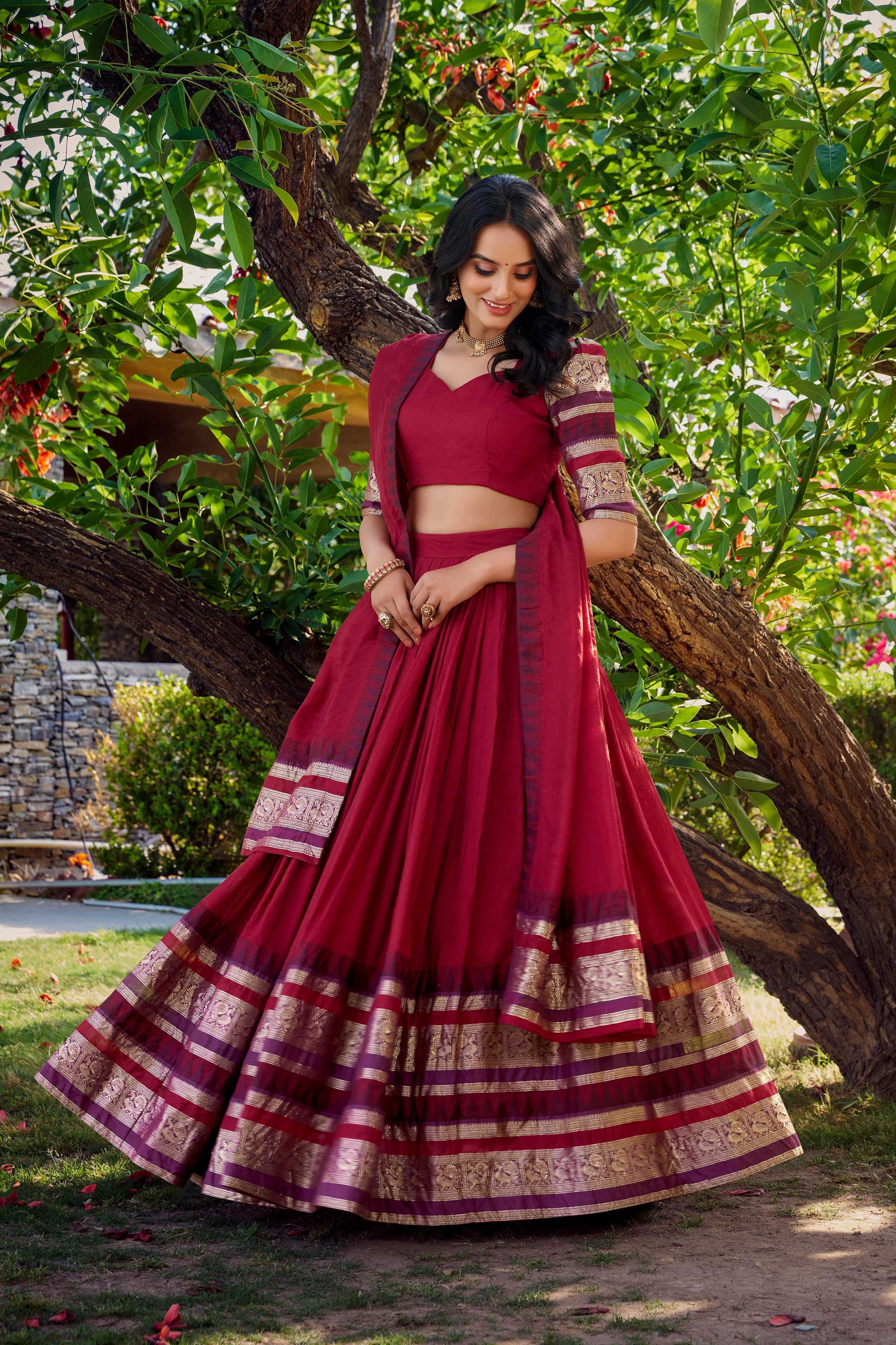 Evanik Women Pure Chanderi Plain With Zari Weaving Work Border Stitched Lehenga With Unstitched Blouse Dupatta(Up to 42)