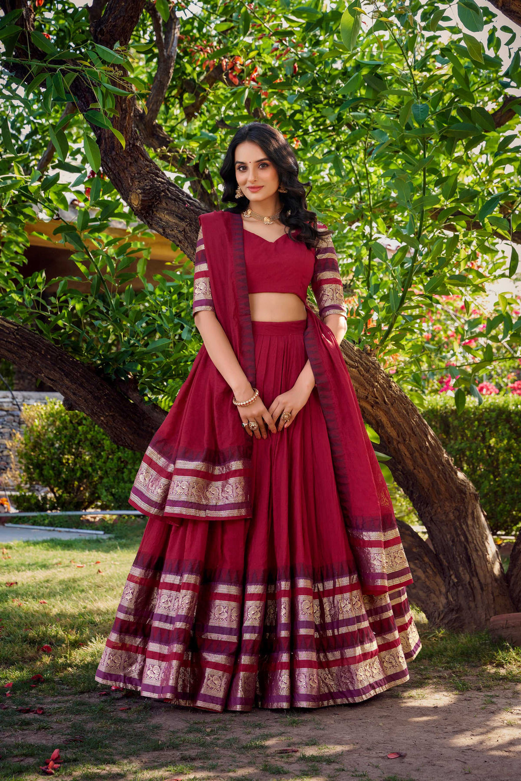 Evanik Women Pure Chanderi Plain With Zari Weaving Work Border Stitched Lehenga With Unstitched Blouse Dupatta(Up to 42)