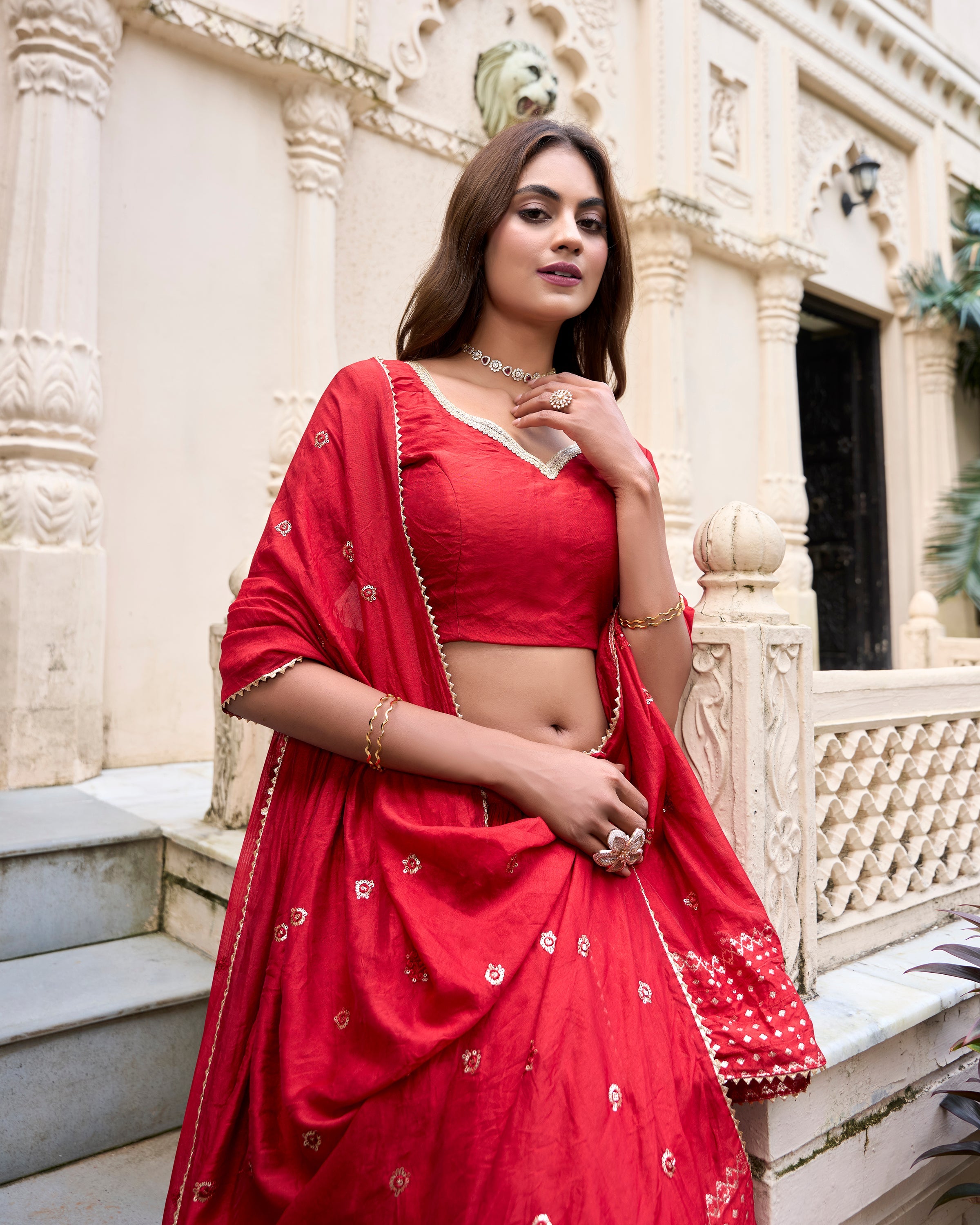 Evanik Women Pure Chanderi Plain With Zari Weaving Work Border Stitched Lehenga With Unstitched Blouse Dupatta(Up to 42)