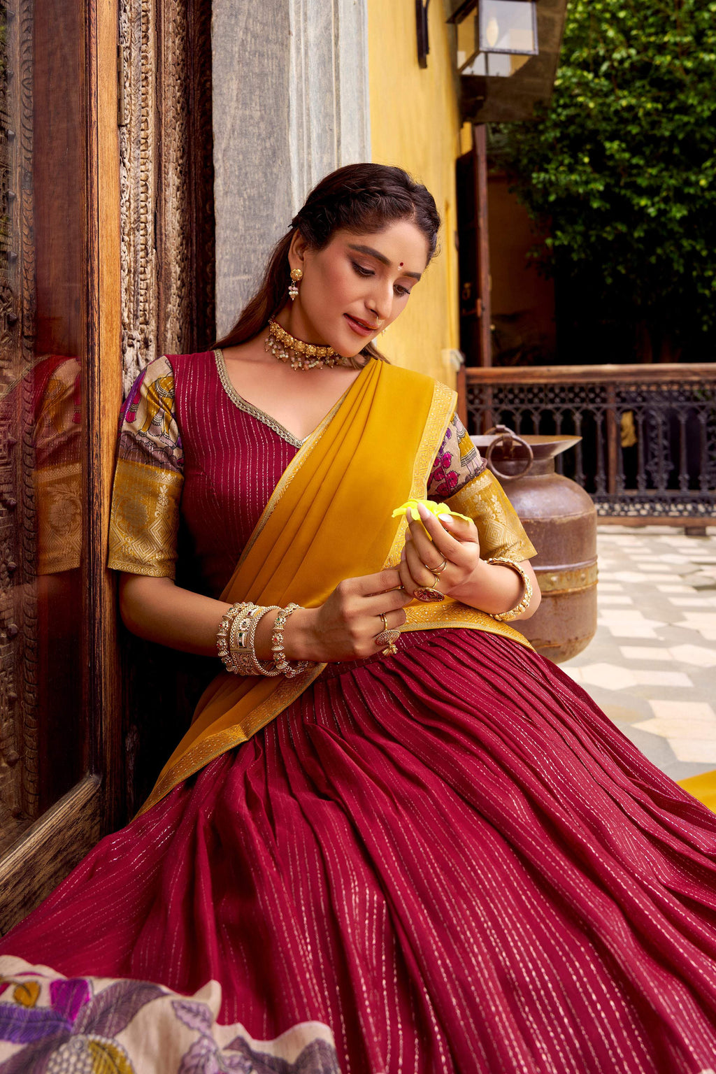 Evanik Red South Style Kalamkari Print Design Zari Work Unstitched Lehenga Choli