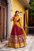 Evanik Red South Style Kalamkari Print Design Zari Work Unstitched Lehenga Choli