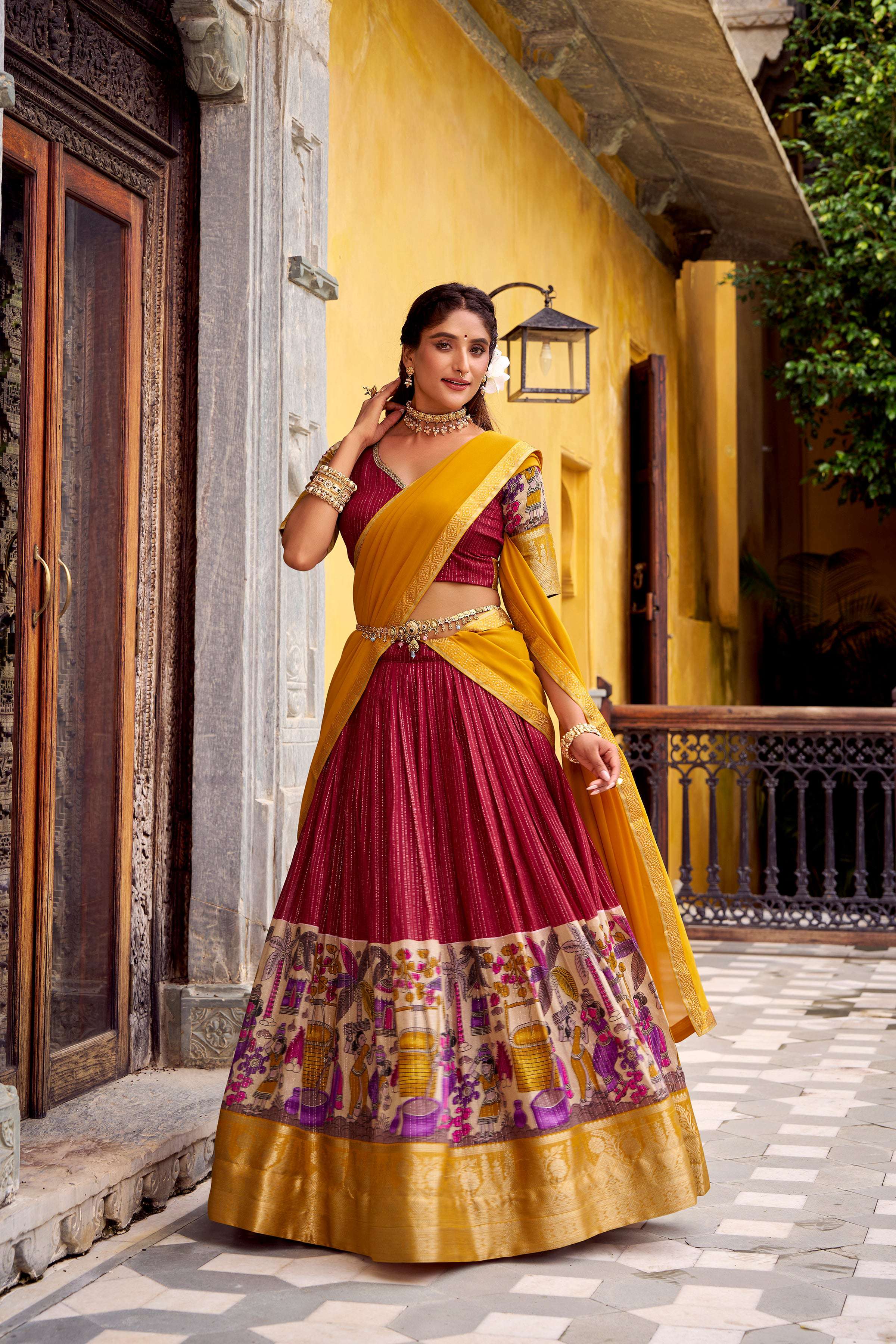 Evanik Red South Style Kalamkari Print Design Zari Work Unstitched Lehenga Choli