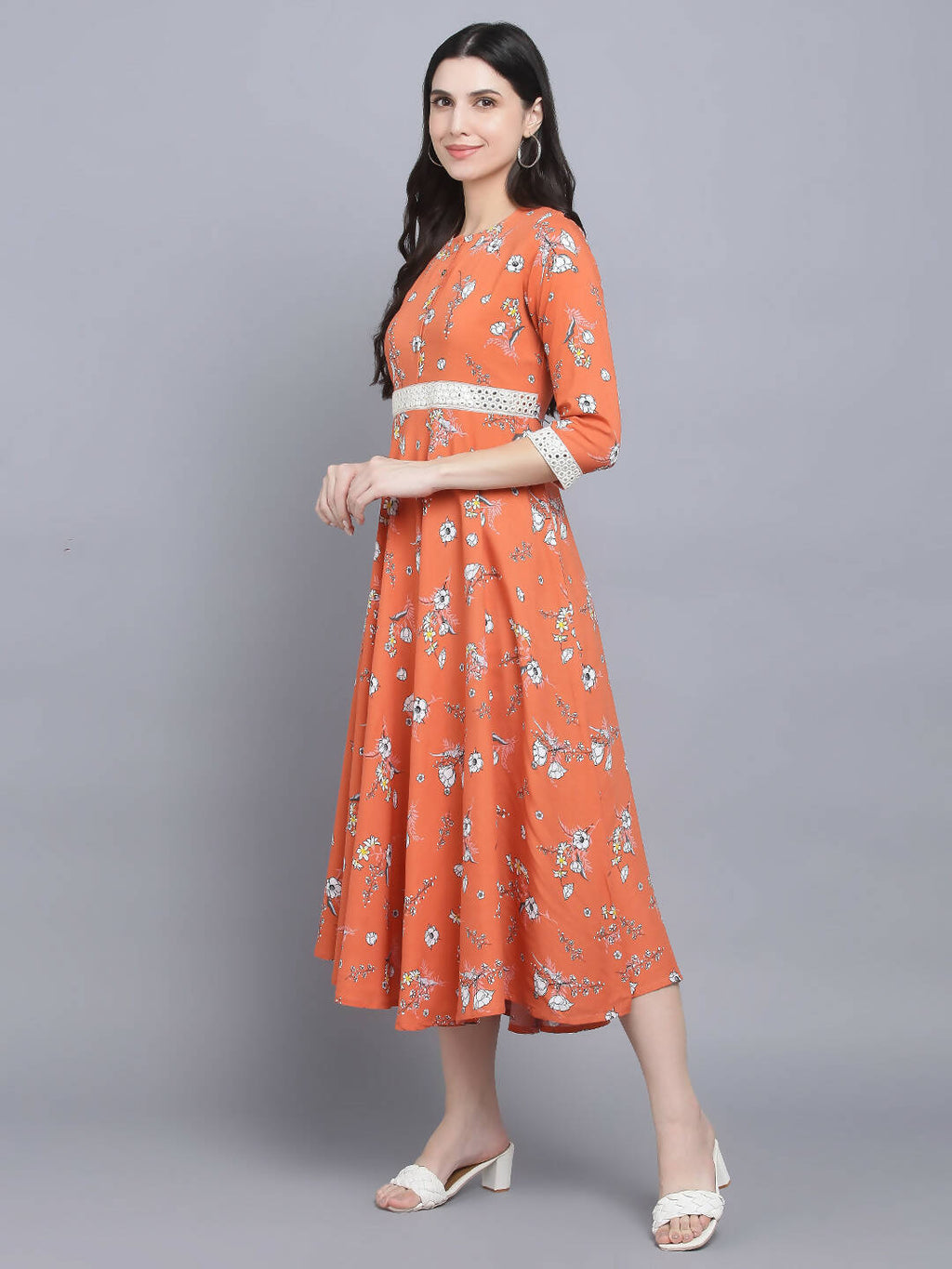 Myshka Women's Orange Floral Midi Dress