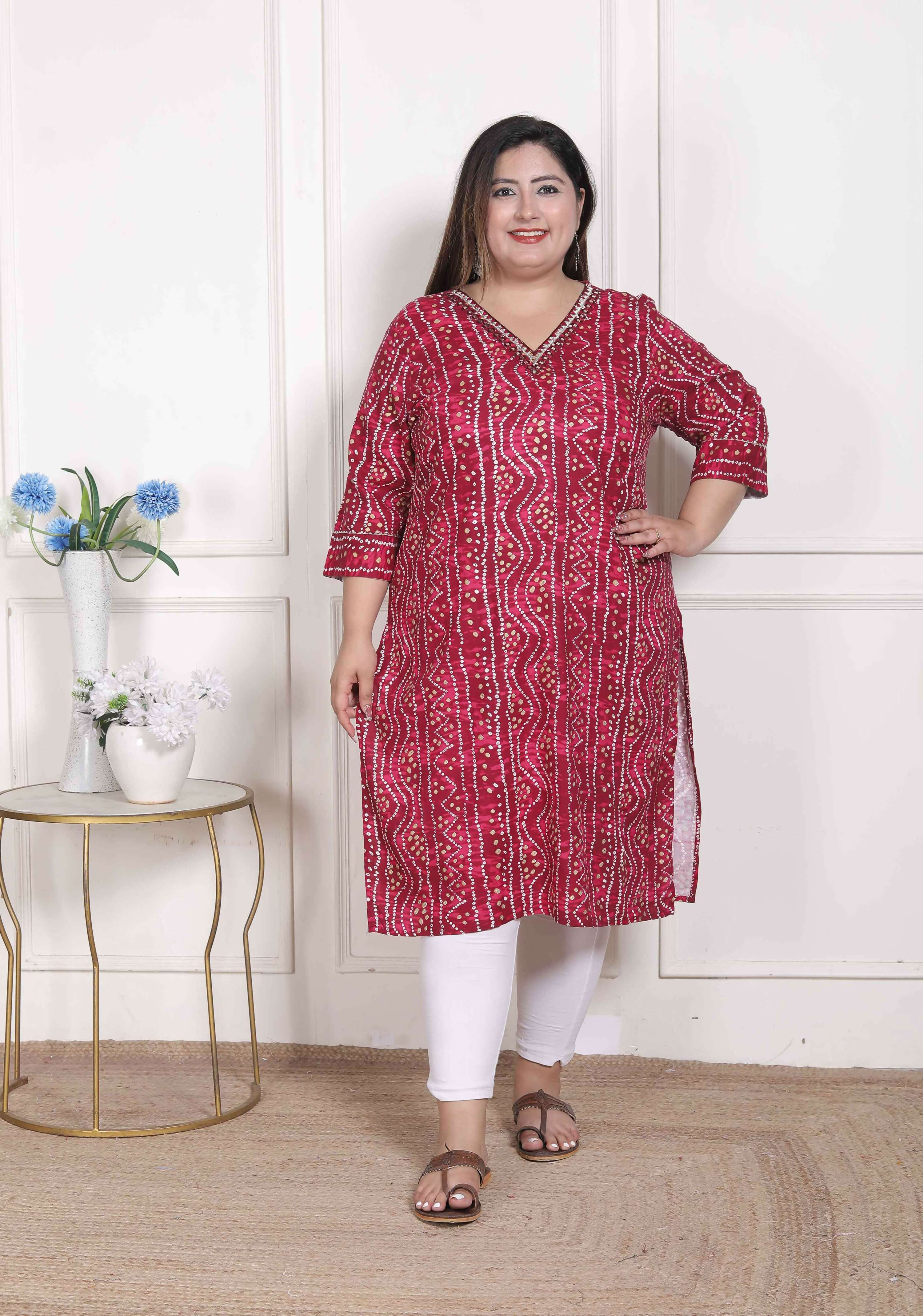Miravan Women's Plus Size Bandhej Printed Rayon Kurta Magenta