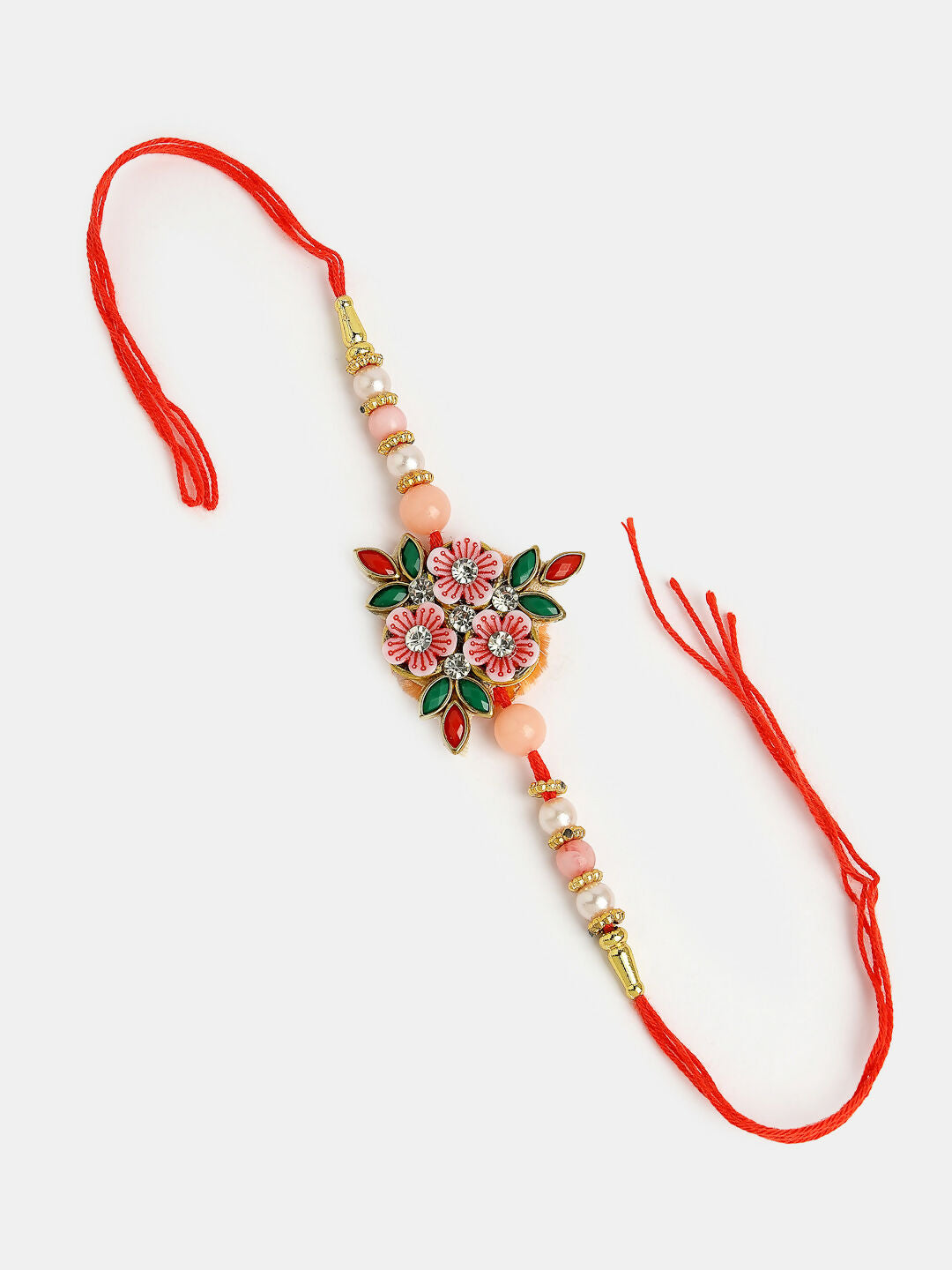 NVR Men Pink Floral Shape Stone-Studdded & Beaded Rakhi With Roli Chawal & Chocolate