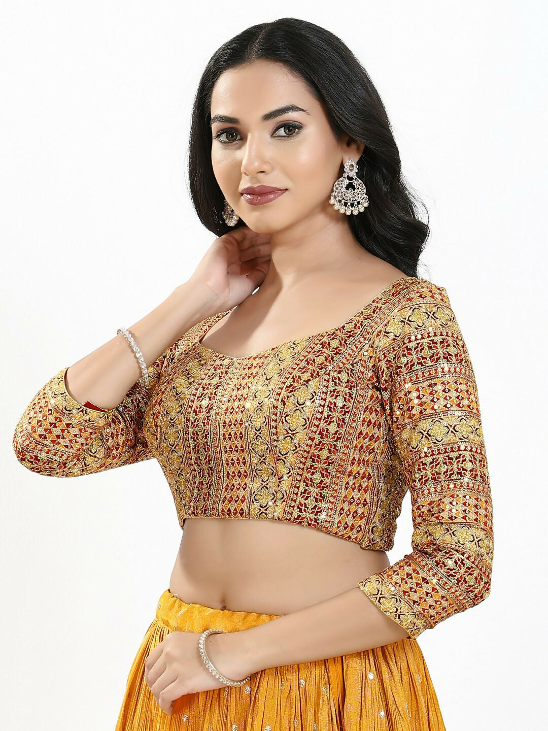 Joban Fashion Red Multi Silk Padded Blouse With Sweetheart Neck 3/4 Sleeves