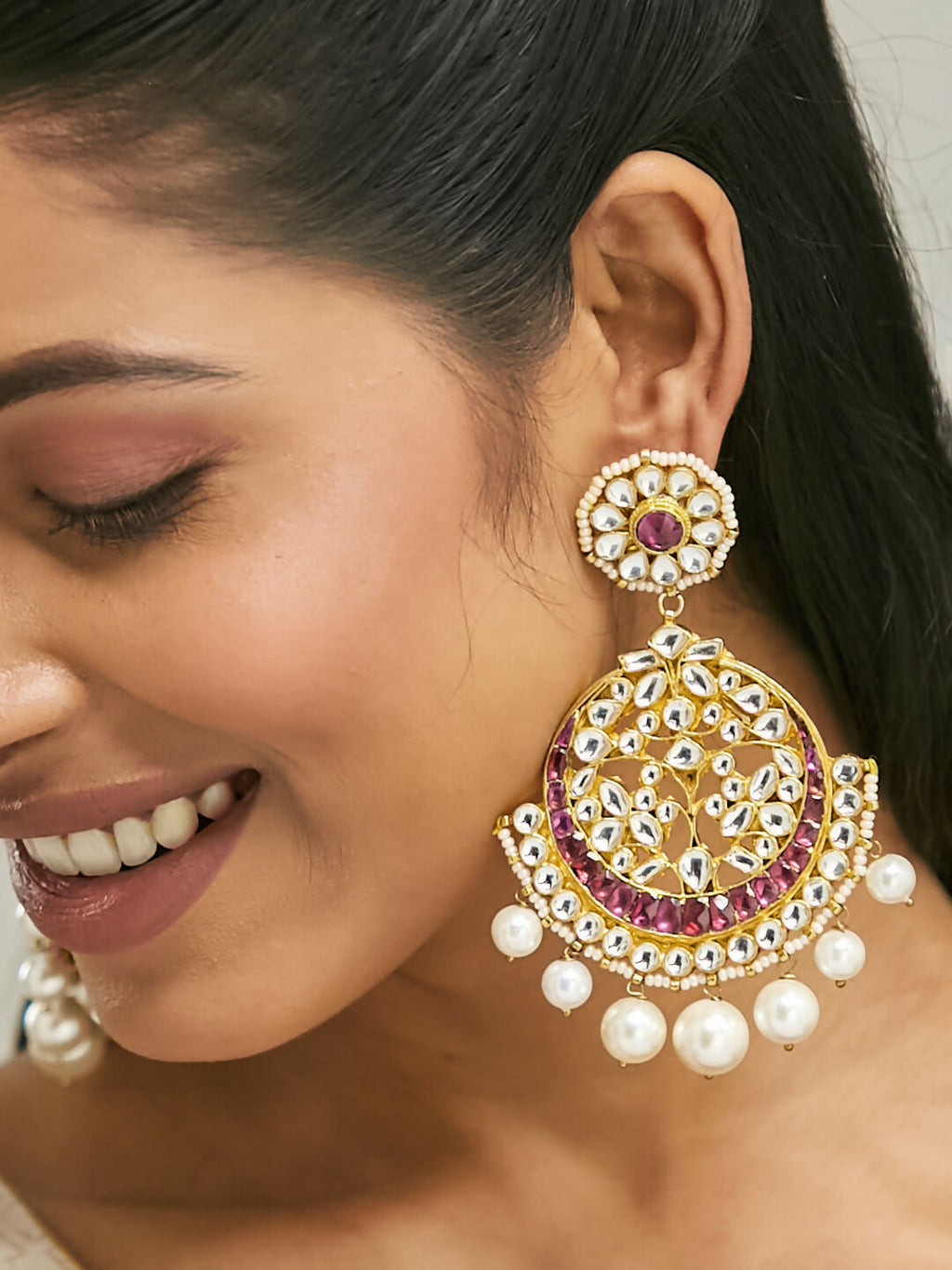 Nuyug 22K Gold-Plated Elegant Ruby & Kundan Stone Studded With Pearl Beaded Floral Chandbalis