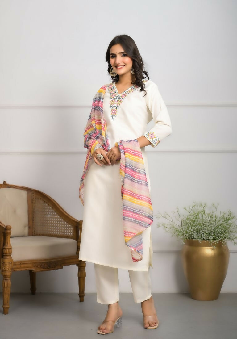 Festive Wear Ethnic White viscose blend Stitched Suit With Dupatta - Tanisha