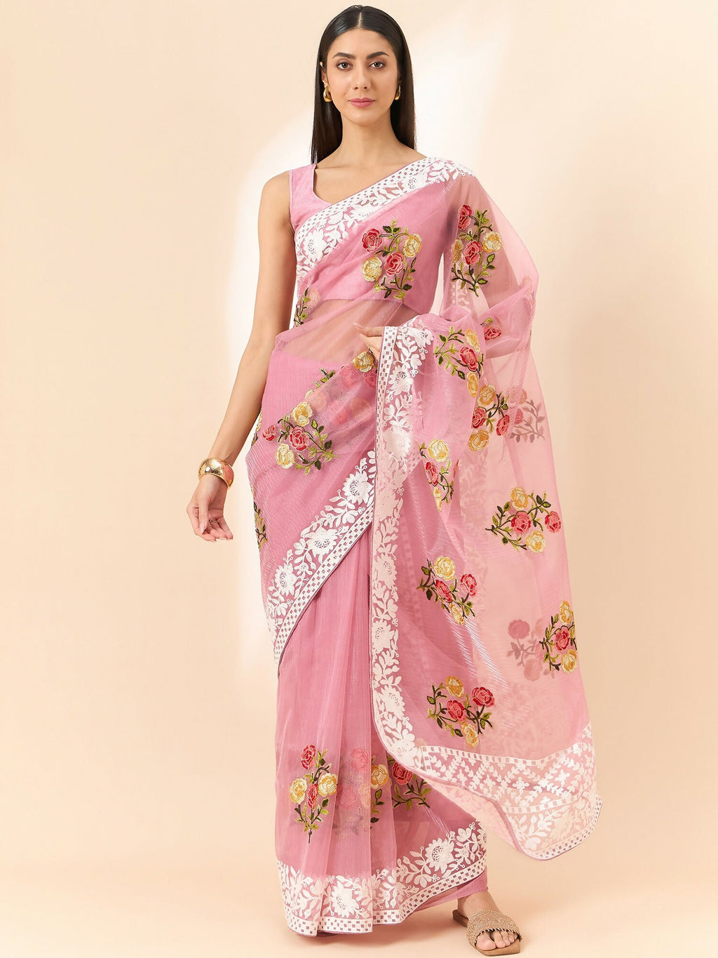 Pink Organza Floral Embroidered Saree with Unstitched Blouse Piece - Roozal