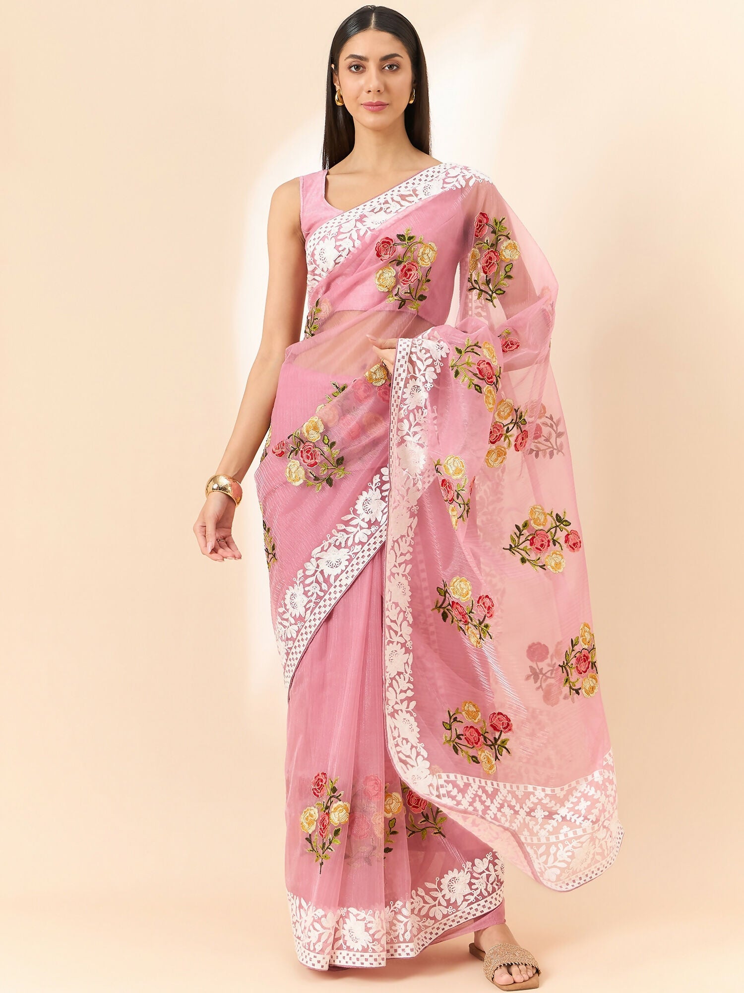 Pink Organza Floral Embroidered Saree with Unstitched Blouse Piece - Roozal