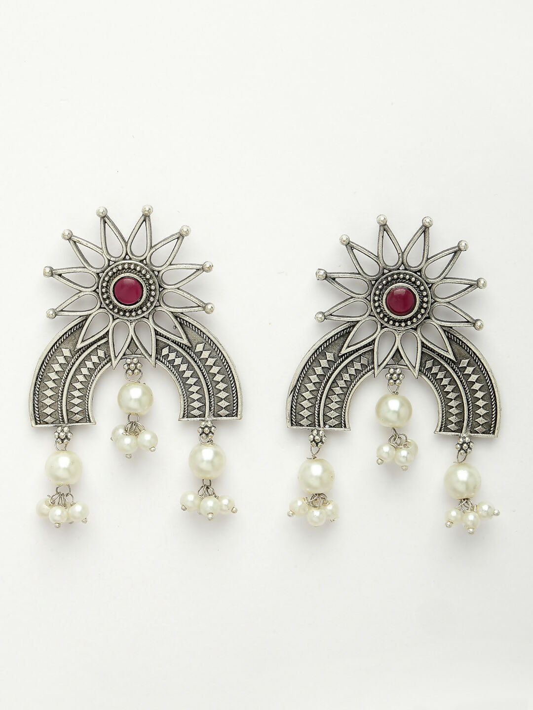 NVR Women's Floral Silver-Plated Artificial Stones and Beads Drop Earrings