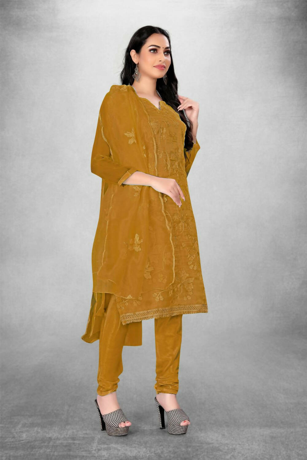 Mustard Heavy Organza Silk Embroidered Unstitched Dress Material - Amara