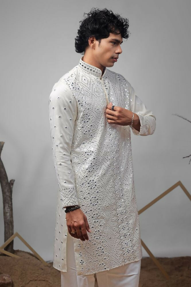 Off White Viscose Heavy Embroidery Work Kurta Set - Mahotsav