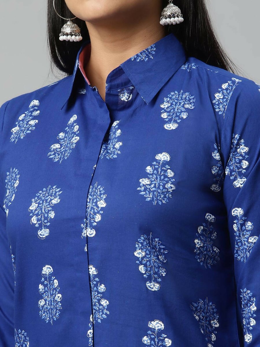 Ahalyaa Women Royal Blue Crepe Printed Tunic