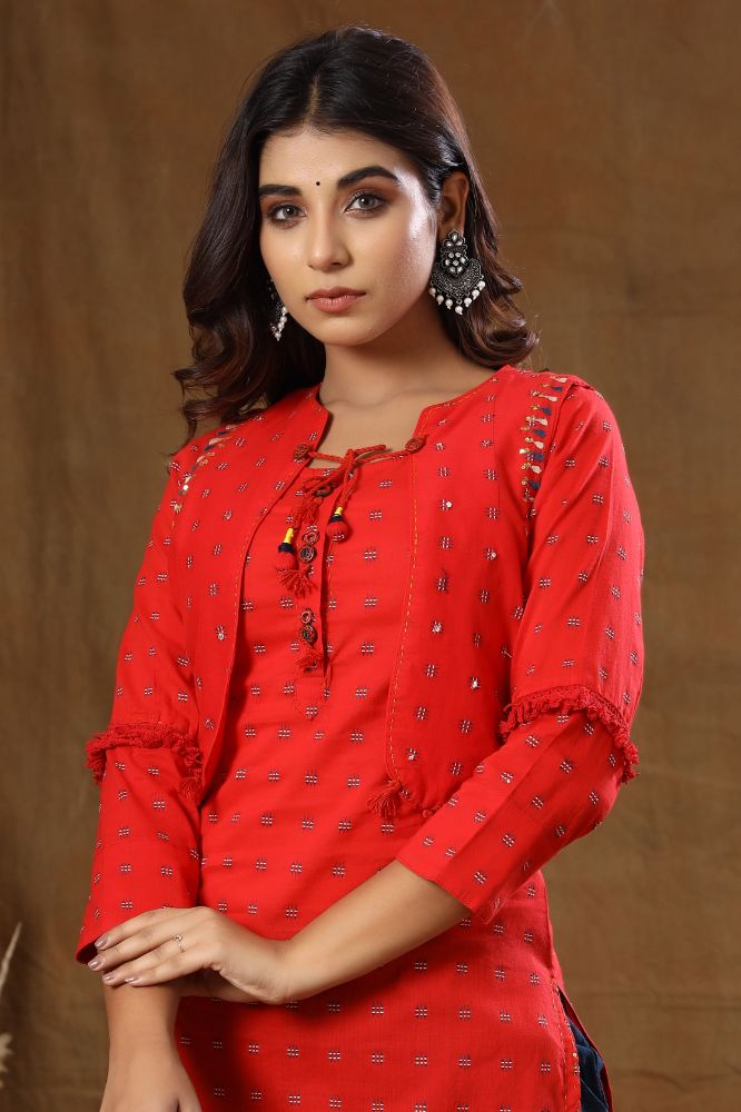 Kaajh Red Printed Jacket Kurta Pant Set For Women
