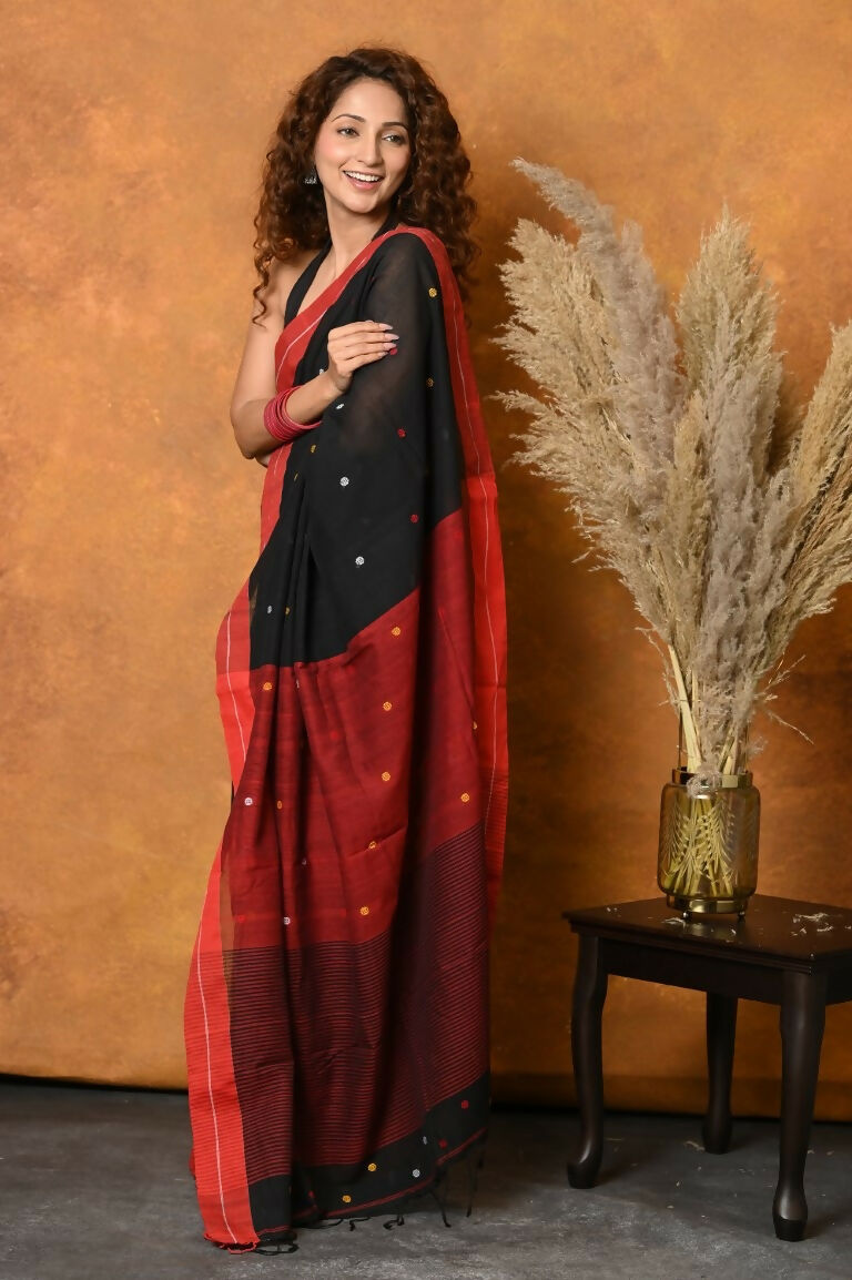Very Much Indian Pure Cotton Handloom Saree with Buttis & Sleek Border - Black