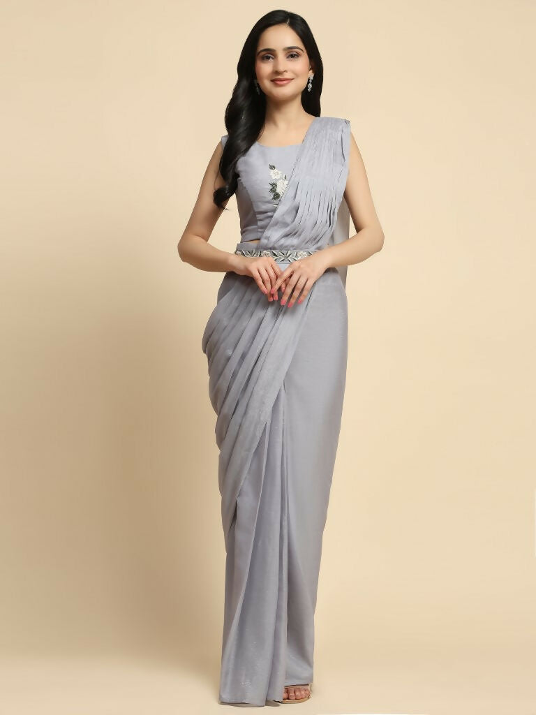 Grey Chiffon Solid Ready to wear Saree with stitched Blouse - Aayan