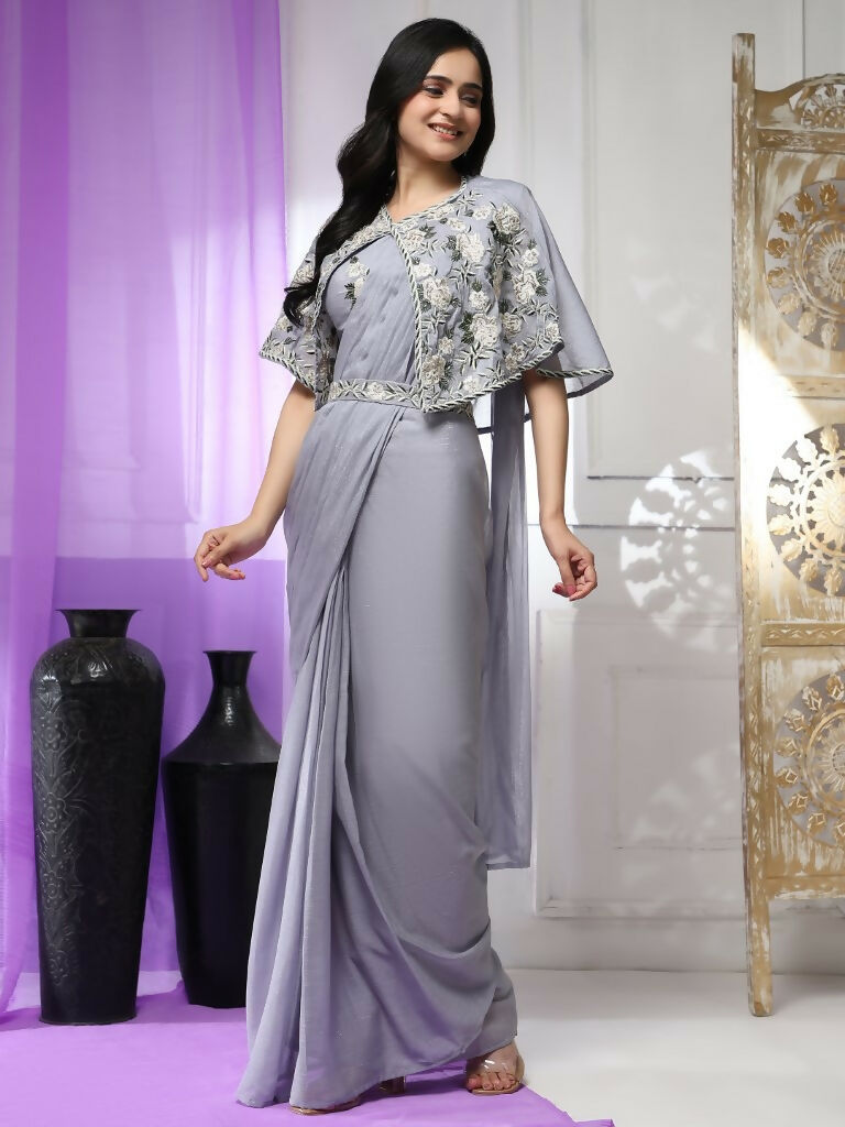 Grey Chiffon Solid Ready to wear Saree with stitched Blouse - Aayan