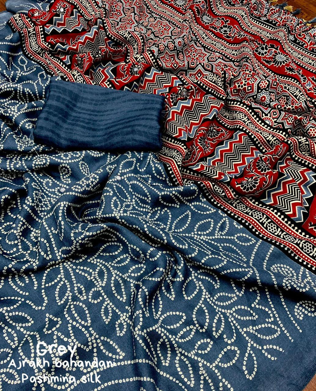 Grey Silk Blend Ajrak Saree with Unstitched Blouse - Hiral Fashion