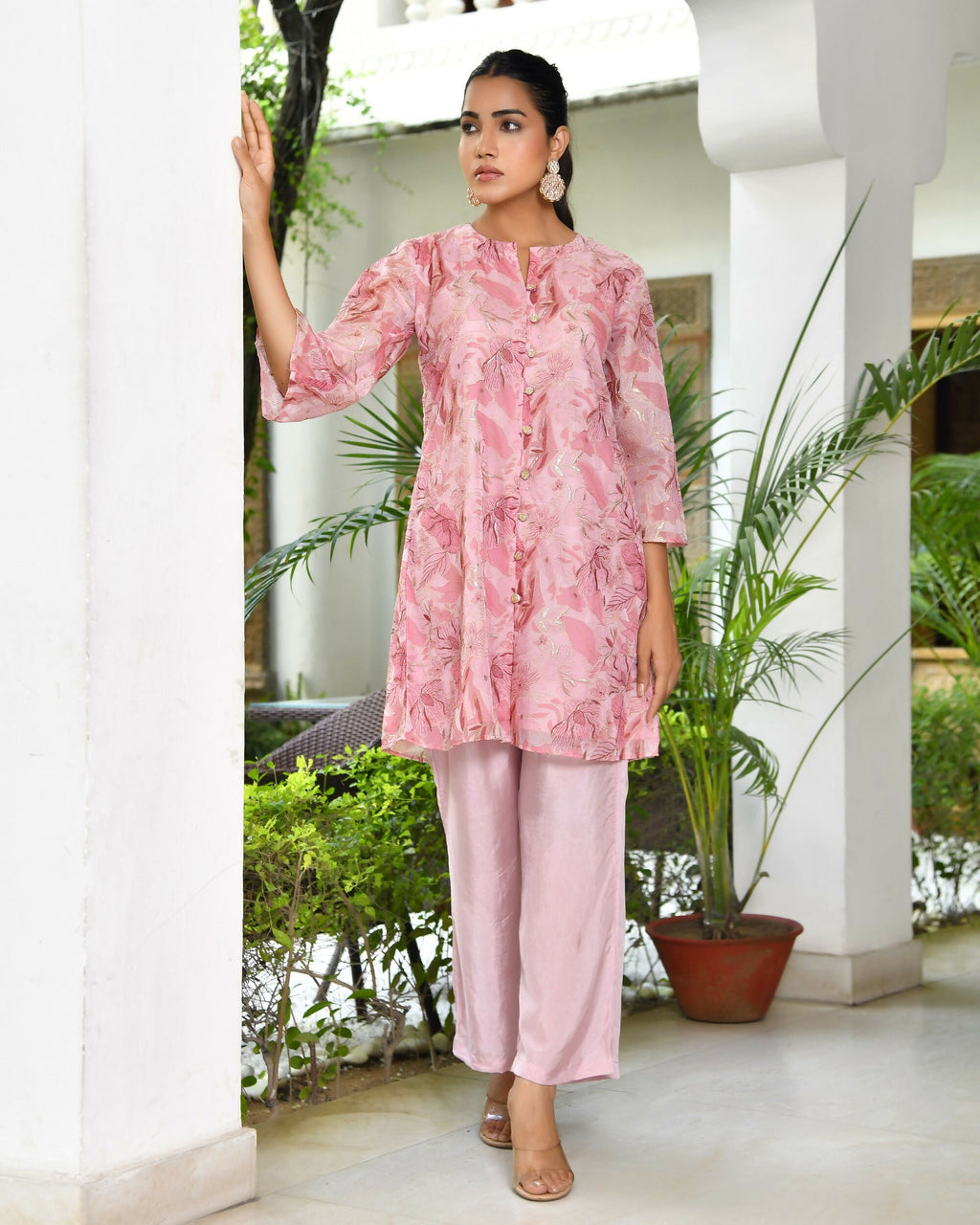 Vaasva Women's Pink Organza Digital Printed Cord Set