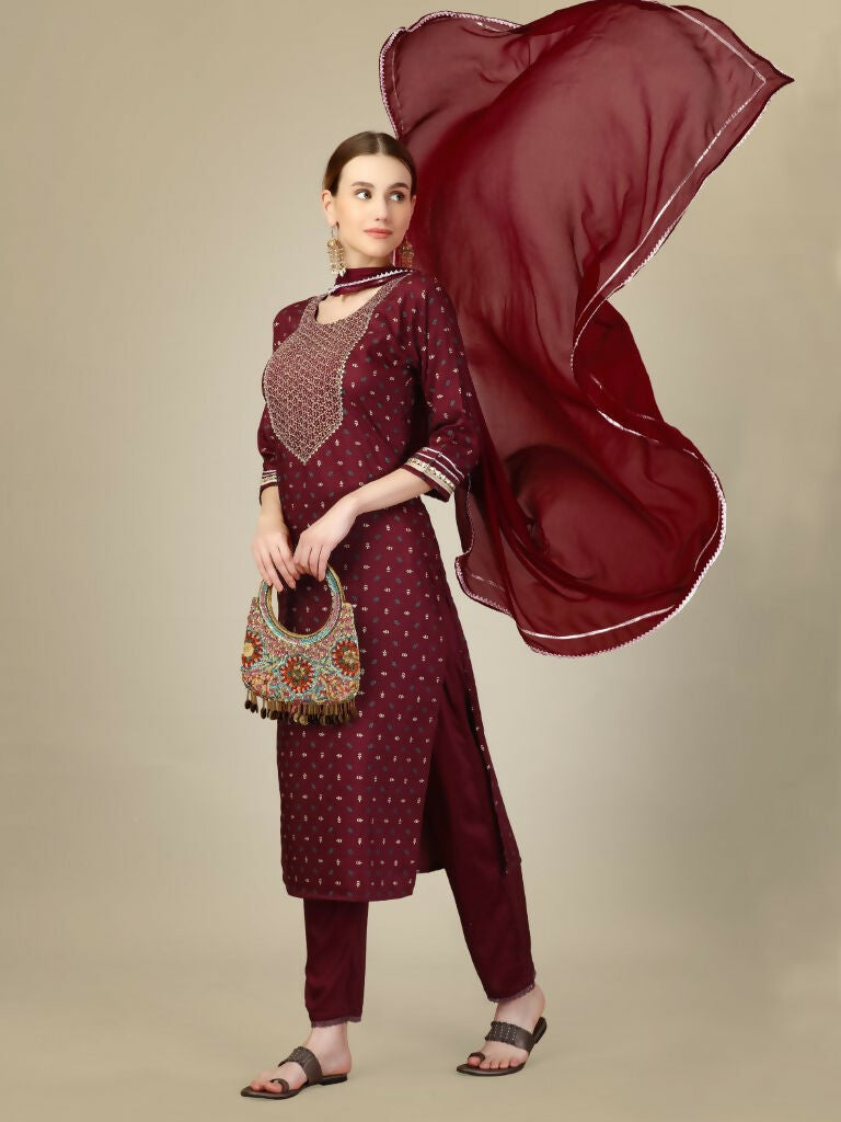Jyoti Fashion Women's Maroon Silk Blend Embroidery & Sequence work Kurta with Trouser & Dupatta