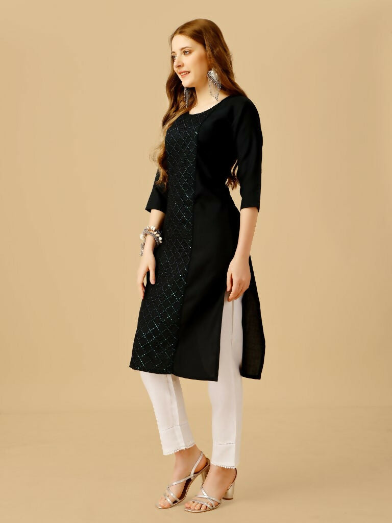 Jyoti Fashion Women's Black Cotton Blend Embroidered Kurta Pant Set
