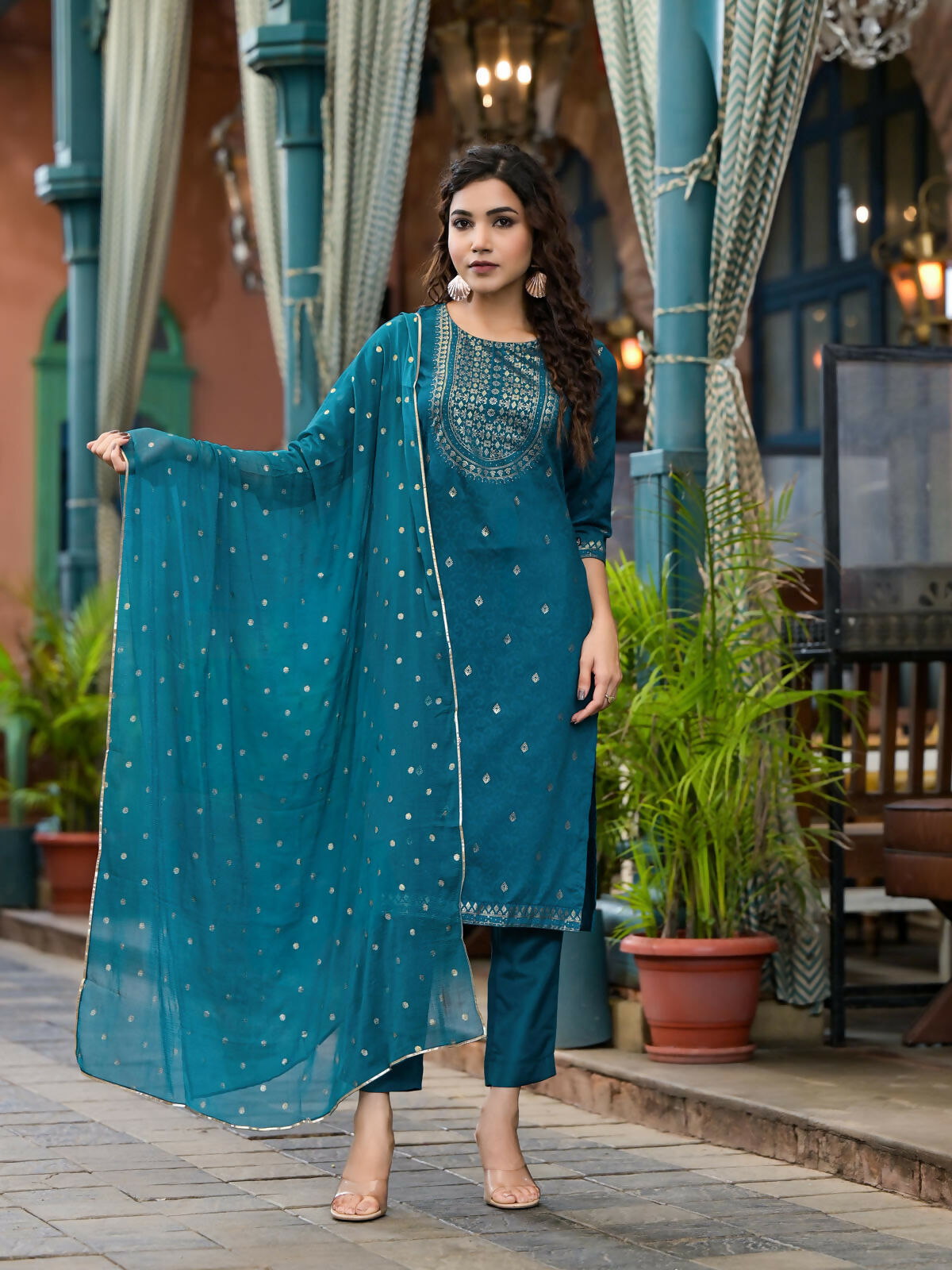 Juniper Women's Blue Ethnic Motif Printed Muslin Kurta Set With Zari Work & Gota Patti