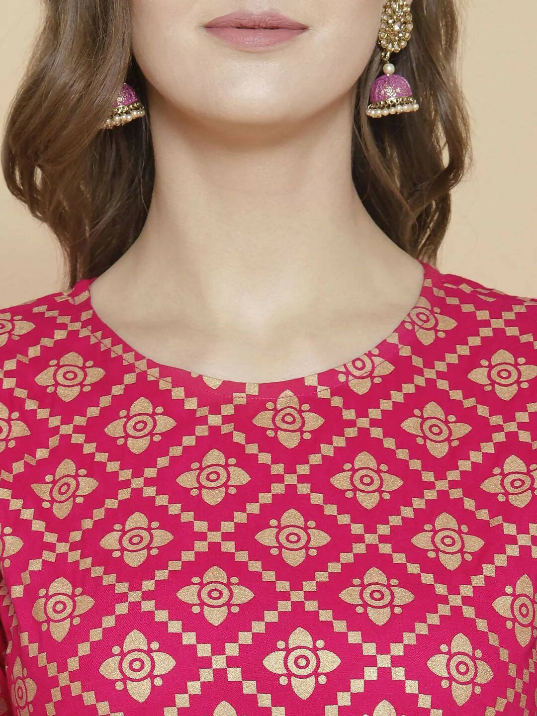 Vamika Foil Print Cotton Pink Party Wear/Casual Wear Kurta Set/Suit