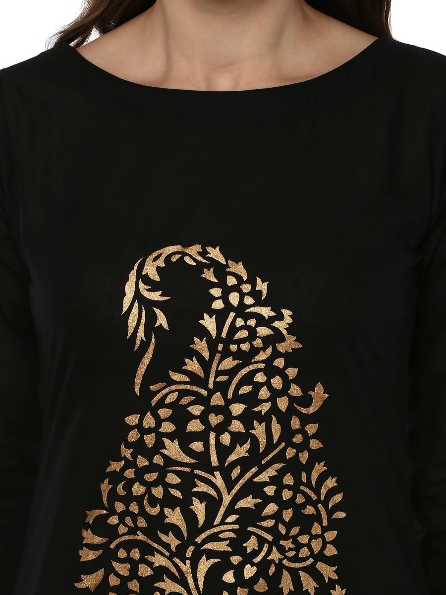 Ahalyaa Black Chanderi Gold Print Kurta